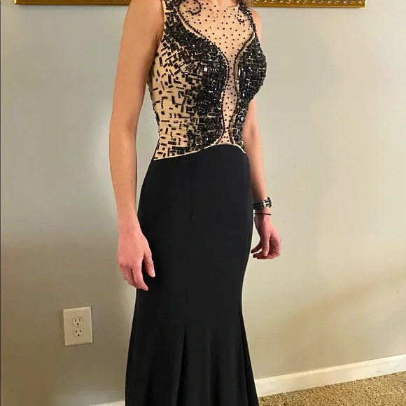open lace back dress Macloth Mermaid High Neck Sequin Two Tone Evening Gown Simple Prom Dress Black/Brown / Above Knee / US2 main image 0